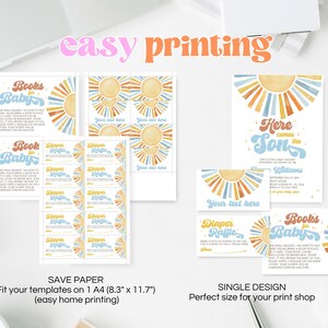 Peut inclure: Mod&egrave;les d'invitations de f&ecirc;te pr&eacute;natale imprimables avec un design de soleil r&eacute;tro dans des tons de bleu, jaune et orange. Le texte indique "Here comes the Son" et comprend un espace pour le nom du b&eacute;b&eacute;, la date et l'heure. Les mod&egrave;les sont con&ccedil;us pour une impression facile &agrave; domicile sur du papier standard de 21 x 29,7 cm.