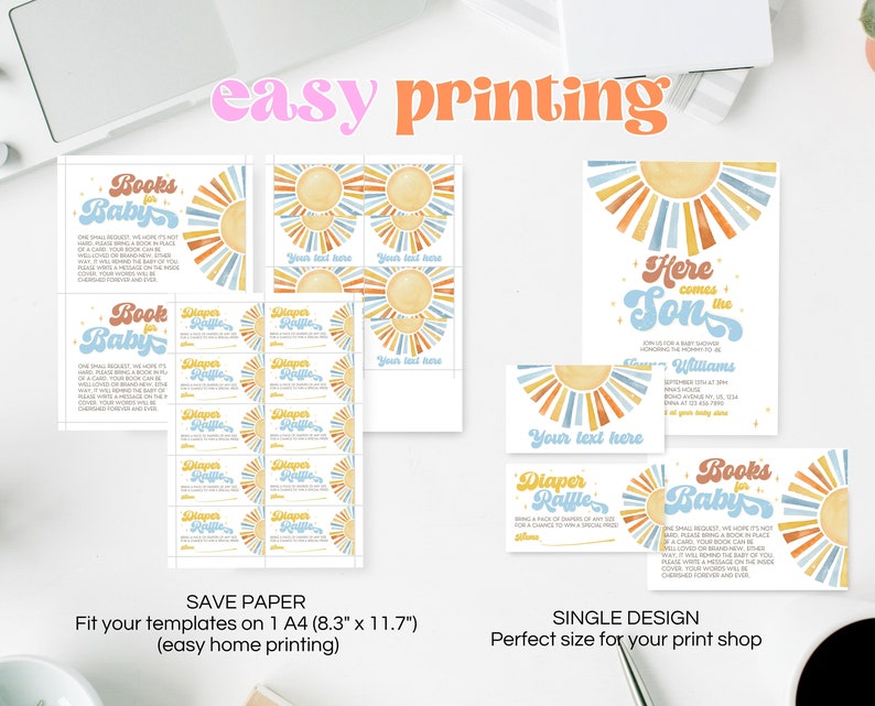 Peut inclure: Mod&egrave;les d'invitations de f&ecirc;te pr&eacute;natale imprimables avec un design de soleil r&eacute;tro dans des tons de bleu, jaune et orange. Le texte indique "Here comes the Son" et comprend un espace pour le nom du b&eacute;b&eacute;, la date et l'heure. Les mod&egrave;les sont con&ccedil;us pour une impression facile &agrave; domicile sur du papier standard de 21 x 29,7 cm.