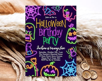 Editable Neon Halloween Birthday Invitation Template, Spooky Halloween Invite, Neon Halloween Party Invite, Neon Halloween Invite, PHBP07