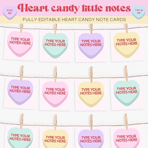 Cartes de correspondance modifiables avec des bonbons en coeur, notes sur le thème des coeurs de conversation, notes en amoureux, notes de la Saint-Valentin, téléchargement immédiat, imprimable, VDC04