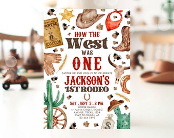 May include: A watercolour-style invitation for a first birthday rodeo party. The invitation features a cowboy hat, cactus, and other western-themed imagery. The text reads "How the West Was One Jackson's 1st Rodeo".