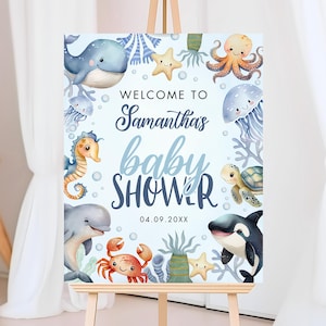 Bearbeitbarer Junge unter dem Meer-Babyparty-Willkommensschild, Ozean-Babyparty-Willkommensplakat, Junge-Nautik-Babyparty-Banner