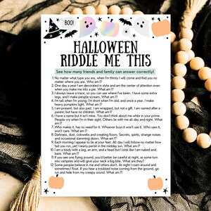 May include: A printable Halloween riddle game with a black background and orange, purple, and green illustrations of a ghost, a pumpkin, and a witch's hat. The text on the page reads "Halloween Riddle Me This" and includes 12 riddles about Halloween.