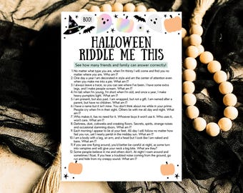 Szablon gry Halloween Riddle Me This, zagadka Halloween, gra na imprezę Halloween, zabawne gry Halloween, gra na imprezę rodzinną Halloween do wydrukowania