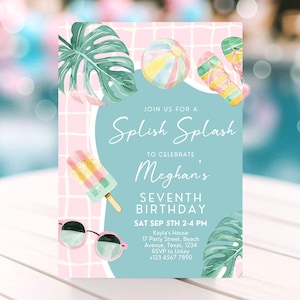 Faire-part modifiable au bord de la piscine, fête d'anniversaire de fille au bord de la piscine, invitation pastel, fête d'anniversaire d'été, fête de natation, numérique, imprimable, BPBP01