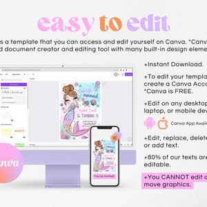 May include: A digital template for a mermaid-themed birthday party invitation. The invitation features a cartoon illustration of a little girl dressed as a mermaid with a pink tail and a crown. The text on the invitation reads "Our little mermaid Jezebel South is turning 5".