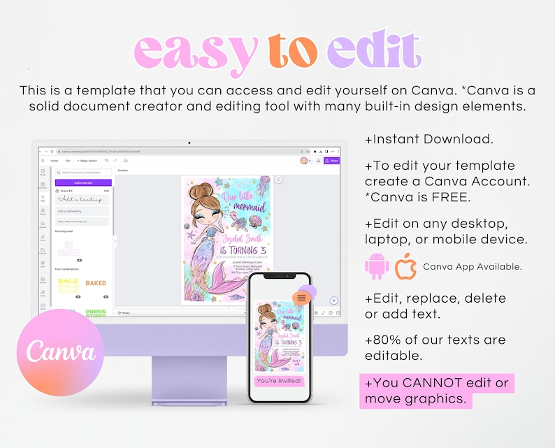 May include: A digital template for a mermaid-themed birthday party invitation. The invitation features a cartoon illustration of a little girl dressed as a mermaid with a pink tail and a crown. The text on the invitation reads "Our little mermaid Jezebel South is turning 5".