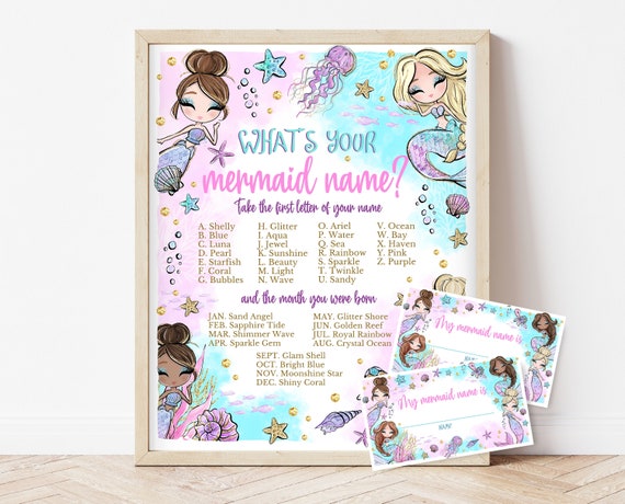 What's Your Mermaid Name Game, Mermaid Party Game, Glitter Mermaid Party Signs, Mermaid Birthday Party Game, Mermaid Party Decor