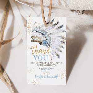 Editable Tribal Baby Shower Favor Tag, Tribal Boy Baby Shower Thank You Tag, Blue Tribal Baby Shower, Little Chief Baby Shower