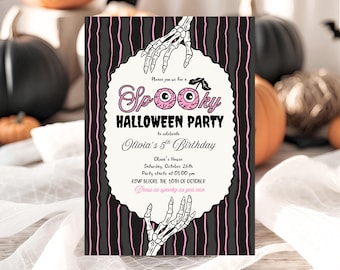 Retro Doodle Whimsical Ghost Birthday Invitation Blush Pink Bow Girl Spooky Party Invite Editable Cute Halloween Birthday Printable Download