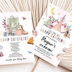 May include: A colorful invitation for a 9th birthday party with a camping theme. The invitation features a watercolor illustration of a tent, a campfire, and other camping gear. The text on the invitation reads "Calling All Happy Campers! Let's Celebrate Megan's 9th Birthday".