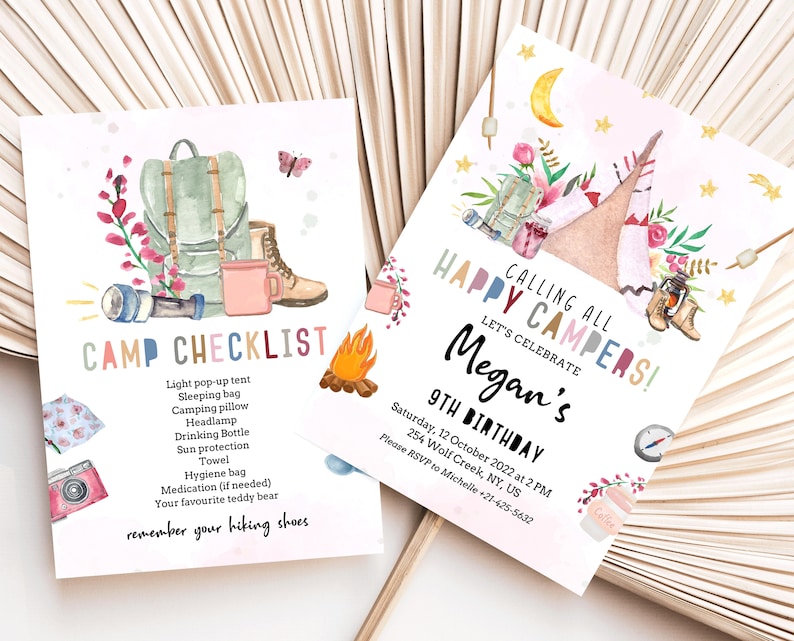 May include: A colorful invitation for a 9th birthday party with a camping theme. The invitation features a watercolor illustration of a tent, a campfire, and other camping gear. The text on the invitation reads "Calling All Happy Campers! Let's Celebrate Megan's 9th Birthday".