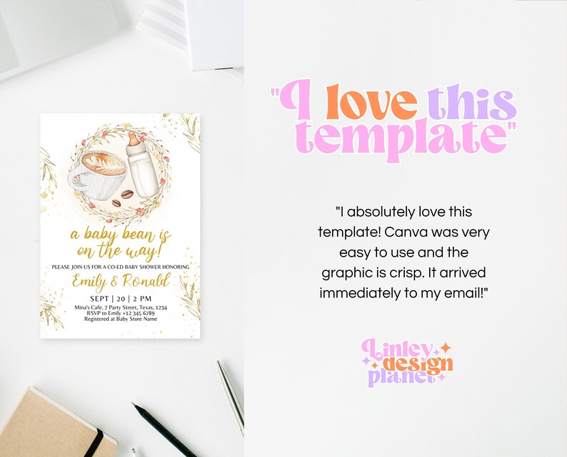 K&ouml;nnte beinhalten: Eine Babyparty-Einladung mit einer Illustration einer Kaffeetasse und einer Babyflasche. Der Text lautet "a baby bean is on the way!" und enth&auml;lt die Namen "Emily & Ronald".