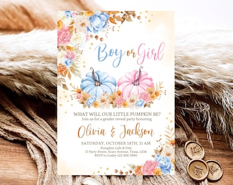 Floral Pumpkin Gender Reveal Invitation Editable Fall Party Invite Autumn Boy Or Girl Baby Shower Printable Pink Blue Digital Download FP01