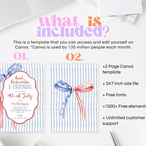 Peut inclure: Mod&egrave;le de faire-part pour le 4 juillet. Le design pr&eacute;sente un code couleur rouge, blanc et bleu avec un n&oelig;ud et le texte "food, fireworks & FRIENDS". Le faire-part est un fichier de format 12,7 x 17,8 cm.