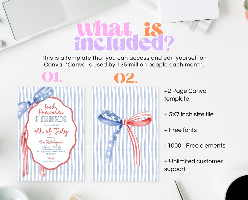 Peut inclure: Mod&egrave;le de faire-part pour le 4 juillet. Le design pr&eacute;sente un code couleur rouge, blanc et bleu avec un n&oelig;ud et le texte "food, fireworks & FRIENDS". Le faire-part est un fichier de format 12,7 x 17,8 cm.