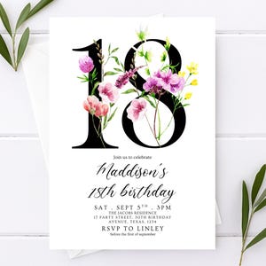 Invitation 18e anniversaire modifiable Design floral aquarelle minimaliste Modèle de fête adulte moderne Invitation imprimable numérique Téléchargement immédiat