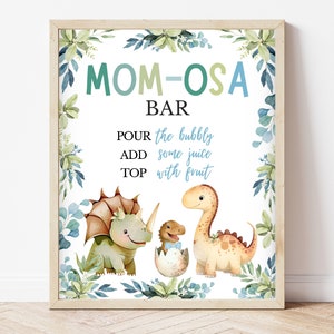 Momosa Bar Schild Dinosaurier Babyparty, Floral Blau Dinosaurier Babyparty Mimose Bar Schild, Junge Boho Dinosaurier Baby Shower Decor