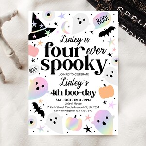 May include: A white invitation with a rainbow holographic design. The invitation is for a 4th birthday party with the theme "four ever spooky". The invitation includes the date, time, and location of the party.