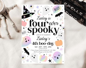 May include: A white invitation with a rainbow holographic design. The invitation is for a 4th birthday party with the theme "four ever spooky". The invitation includes the date, time, and location of the party.