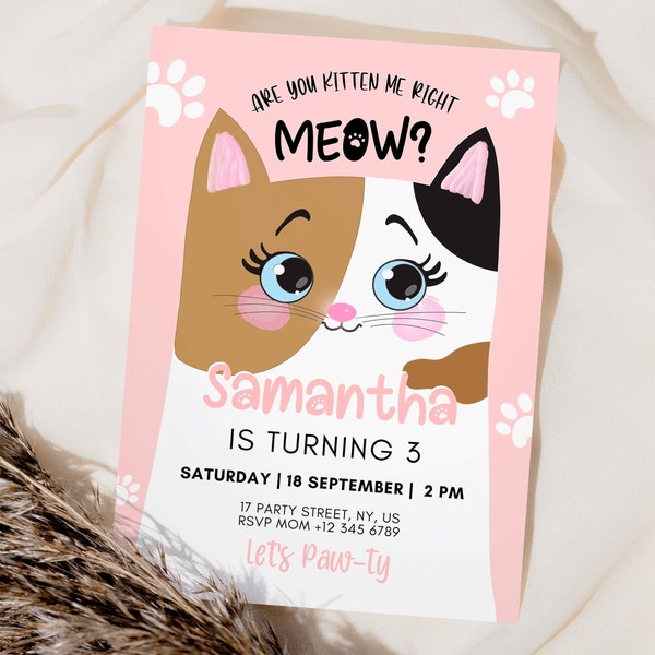 Editable Kitten Birthday Invitation Kitty Cat birthday Party Cat Invite Are You Kitten Me Pink Kitten Party Girl Download Printable Digital