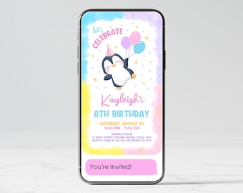 Editable Penguin Birthday Mobile Invitation, Winter Girl Birthday Invitation, Arctic Penguin Birthday Invitation, Cute Girl Penguin Invite