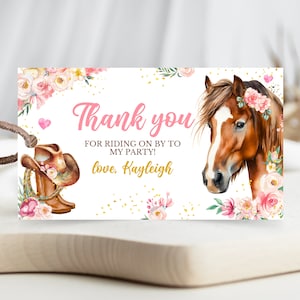 Editable Cowgirl Birthday Favor Tag, Horse Birthday Gift Tag, Floral Cowgirl Horse Party Tags, Horse Birthday Thank You Tag