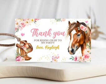 Etiqueta de regalo de cumpleaños de vaquera editable, etiqueta de regalo de cumpleaños de caballo, etiquetas de fiesta de vaquera con flores y caballo, etiqueta de agradecimiento de cumpleaños de caballo