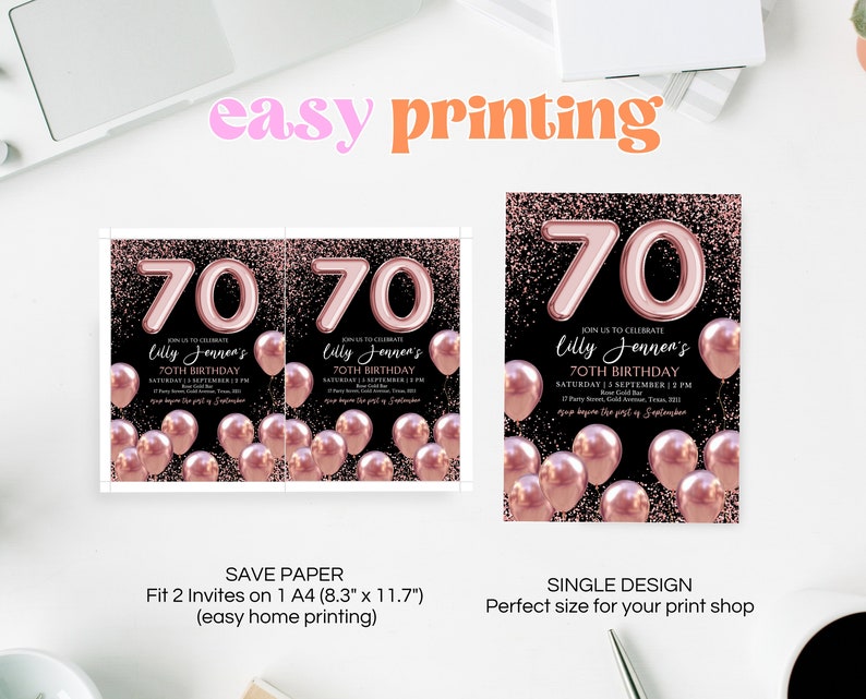 May include: Two printable 70th birthday party invitations with a black background, rose gold glitter, and a large rose gold number 70. The text on the invitation reads "Join us to celebrate Lilly Jenner's 70th Birthday, Saturday 5 September | 2 PM, Party Street, Gold Avenue, Texas 81111. RSVP before the 1st of September."