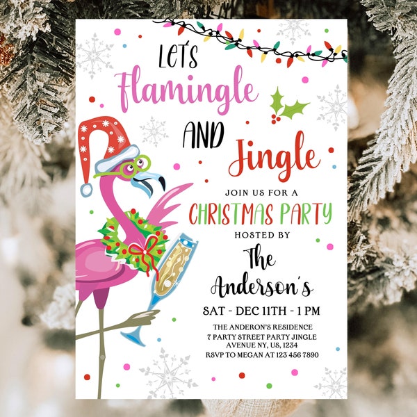 Editable Flamingo Christmas Invitation,  Jingle And Flamingle Invitation, Christmas Tropical Birthday, Christmas invite, Christmas in July