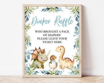 Diaper Raffle Sign Dinosaur Baby Shower, Blue Floral Dinosaur Baby Shower Diaper Ticket Sign, Boy Boho Dinosaur Baby Shower Decor
