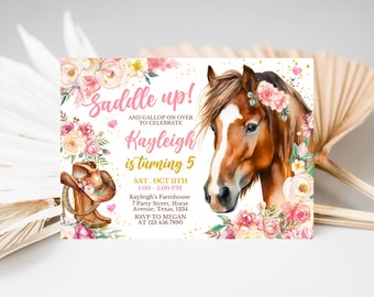 Bearbeitbare Cowgirl-Geburtstags-Einladungsvorlage, Mädchen-Pferde-Geburtstags-Einladung, Cowgirl-Party-Pferd einladen, rosa Blumen-Geburtstags-Einladung