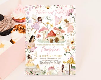 Könnte beinhalten: Eine verspielte Einladung mit dem Text "Flutter and Twirl", die Feen, Pilze und Blumen zeigt. Die Einladung ist für Meghans dritten Geburtstag, mit Veranstaltungsdetails wie Datum, Uhrzeit und Ort.