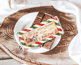 Classic Vintage Christmas Chocolate Wrapper From Santa Claus North Pole Mail Candy Bar Label Santa Delivery Holiday Treat Download CH01