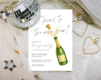 New Years Party Invitation Minimal Modern Champagne Bottle Popping Celebration Invite Editable Printable Digital Download