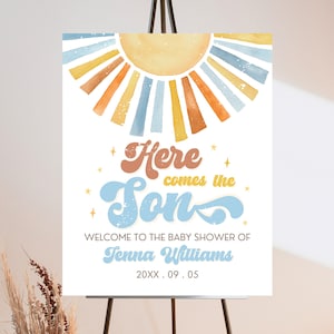 Editable Sunshine Baby Shower Welcome Sign, Here Comes the Son Baby Shower Poster, Boy Sonshine Shower, Boho Sunshine Signs HCTS01