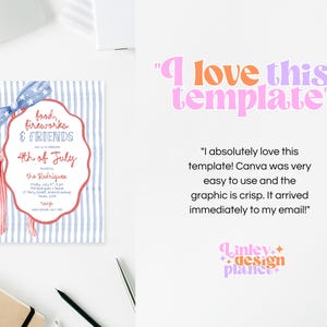 Peut inclure: Une invitation pour le 4 juillet aux couleurs rouge, blanc et bleu. L'invitation pr&eacute;sente une bordure festonn&eacute;e, un n&oelig;ud et le texte "food, fireworks & friends". Le texte "I love this template" est &eacute;galement visible.