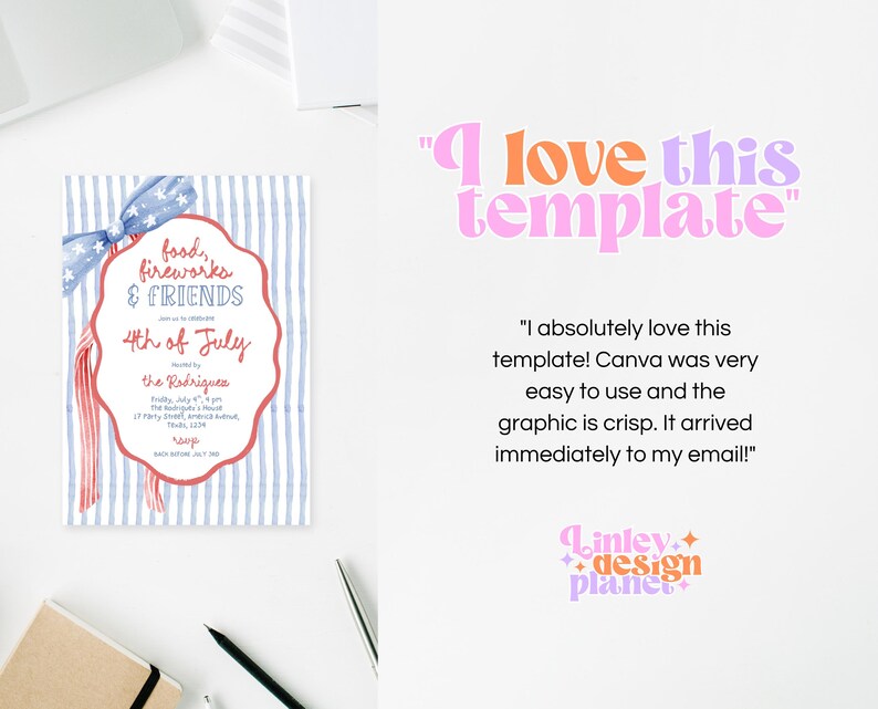 Peut inclure: Une invitation pour le 4 juillet aux couleurs rouge, blanc et bleu. L'invitation pr&eacute;sente une bordure festonn&eacute;e, un n&oelig;ud et le texte "food, fireworks & friends". Le texte "I love this template" est &eacute;galement visible.