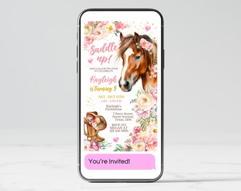 Invitación digital de cumpleaños de vaquera editable, invitación de cumpleaños de caballo de niña, invitación de caballo de fiesta de vaquera, invitación de cumpleaños floral rosa