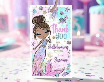 Etiqueta de regalo de cumpleaños de sirena editable, etiquetas de agradecimiento de cumpleaños de sirena, decoración de mesa de cumpleaños de sirena con brillantina, decoración de fiesta bajo el mar