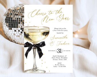 New Years Party Invitation Minimal Modern Champagne Bottle Popping Celebration Invite Editable Printable Digital Download