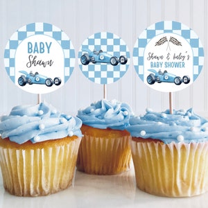 Editable Racing Car Baby Shower Cupcake Toppers, Vintage Race Car Baby Shower Cake Topper, Blue Racing Car Shower, Boy Baby Shower, RCBS01