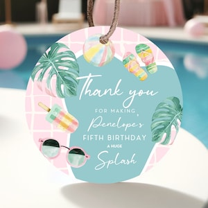 Bearbeitbarer Pool Party Favor Tag, Mädchen Pool Geburtstagsfeier, Pastell Pool Danke Vard, Sommer Geburtstag Tag, Schwimmparty, Printable, BPEP01