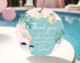 Editable Pool Party Favor Tag, Girl Pool Birthday Party, Pastel Pool Thank You Vard, Summer Birthday Tag, Swimming Party, Printable, BPBP01