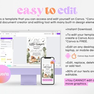 May include: A computer screen displaying a Canva design template for a baby shower invitation. The invitation features a woodland theme with a cabin, trees, and a campfire. The text on the invitation reads "Oh boy! Here comes a Little Camper!" and "You're Invited!"