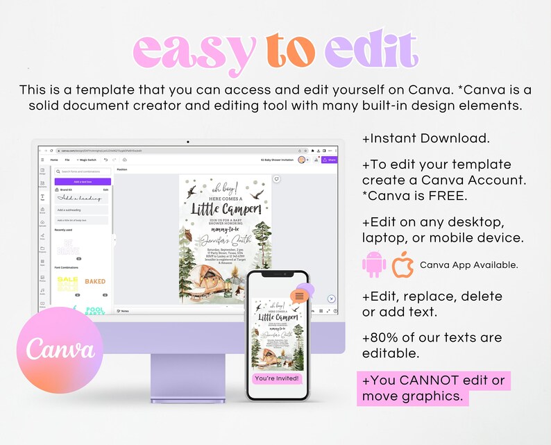 May include: A computer screen displaying a Canva design template for a baby shower invitation. The invitation features a woodland theme with a cabin, trees, and a campfire. The text on the invitation reads "Oh boy! Here comes a Little Camper!" and "You're Invited!"