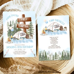 May include: Two blue and white camping themed birthday party invitations. The first invitation says "You're Invited for a Camp Out" and includes a campfire, tent, and trees. The second invitation says "Camp Checklist" and includes a list of camping essentials. Both invitations have a watercolor background.