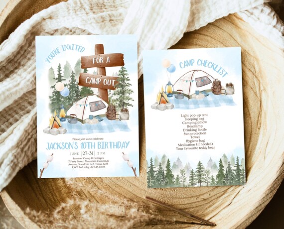 Editable Boy Camp Party Invitation, Camp Out Birthday Invite, Outdoor Camping Tent Invite, Camp Checklist, Instant Download Printable, BBP13