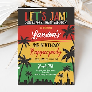 Faire-part d'anniversaire reggae modifiable, invitation de fête de premier anniversaire reggae, anniversaire thème jamaïcain, modèle d'Invitation fête reggae