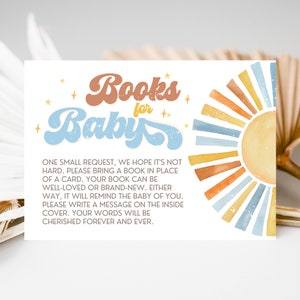 Sunshine babyshower boek verzoekkaart, Here Come The Son, Retro Sunshine babyshower, Boho Bring A Book kaartsjabloon, afdrukbare HCTS01